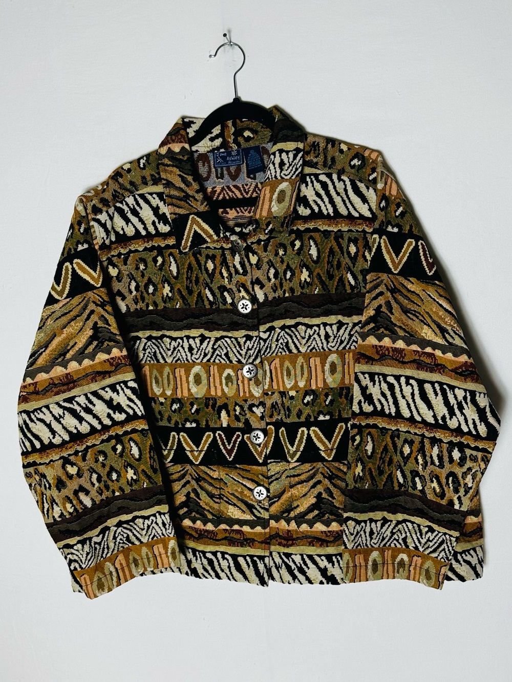 Vintage Jane Ashley Tapestry Jacket 3XL Animal Print Tribal Woven Boho Whimsy